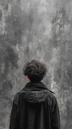 A young man wearing a black jacket stands in front of a gray concrete wall.の素材