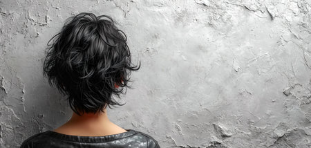 A young man stands in front of a gray concrete wall, view from the back.の素材