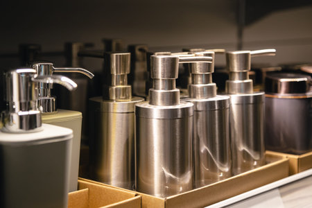 Containers for liquid soap or shampoo with a dispenser is sold in a supermarket.
