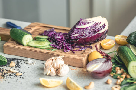Sliced cabbage and cucumber on a wooden kitchen board.