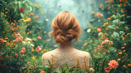 Red-haired girl in a field among flowers, view from the back.の素材