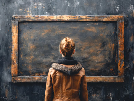 The girl looks at a textured dark picture, viewed from the back.の素材