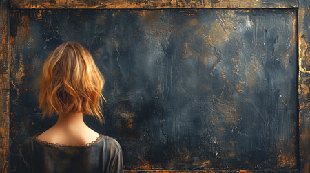 Woman standing in front of a textured dark wall, view from the back.の素材