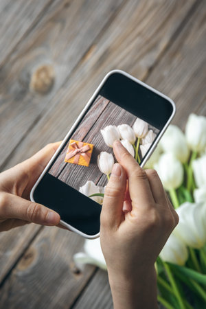 Woman take picture of bouquet of white tulips and gift box.