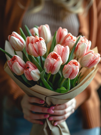 A bouquet of pink and white tulips in craft packaging in female hands.の素材