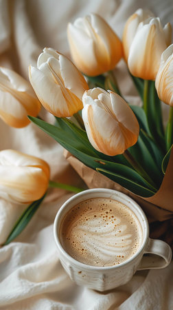 Ceramic cup of coffee and a bouquet of white tulips on a white bed.の素材