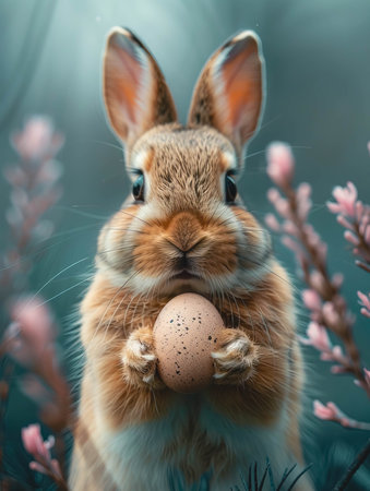 Bunny holding an Easter egg on a blurred floral background.の素材