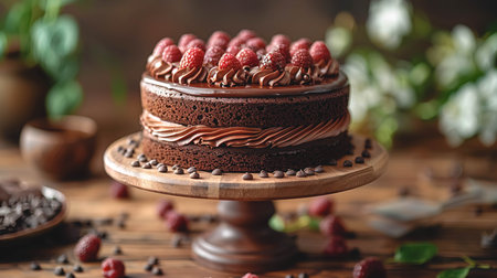 Delicious chocolate cake with cream and berries on a cake stand.の素材