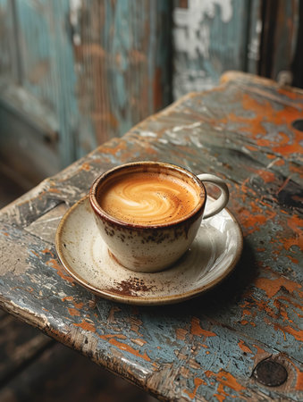 A cup of coffee with foam on a scratched old table in a rustic style.の素材