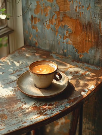 A cup of coffee with foam on a scratched old table in a rustic style.の素材