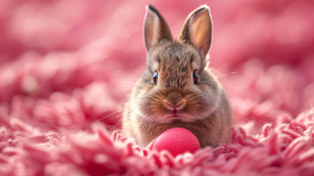 Little bunny with Easter egg on blurred pink background.の素材