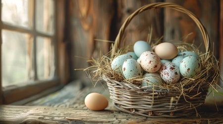 A straw basket with Easter eggs against the background of an old shabby wall.の素材