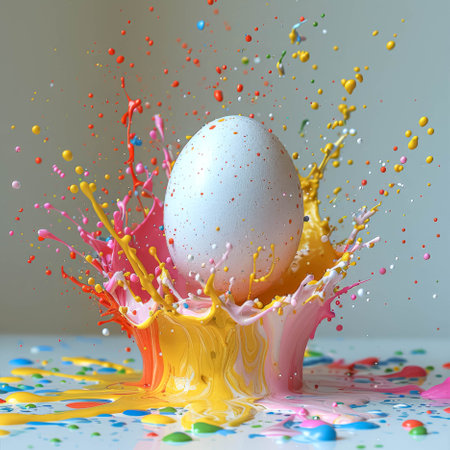 Easter card design with egg in colorful paint splash.の素材