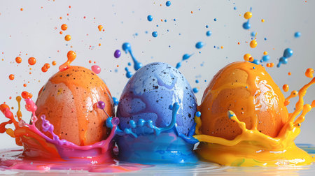 Colorful Easter egg splash design. Easter card design with egg in paint splash.の素材