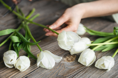A florist girl makes a bouquet of tulips flowers, cuts the ends with shears.の写真素材