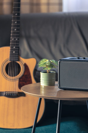 Close up, music speaker and acoustic guitar in the interior of the room.の写真素材