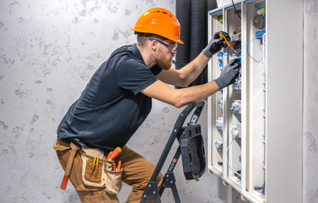 A male electrician works in a switchboard with an electrical connecting cable.