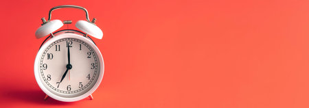 White alarm clock on red background isolated.