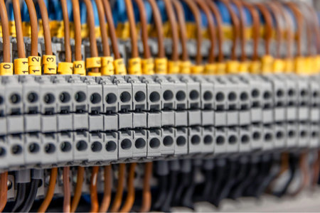 Electrical panel with fuses and contactors, close-up.