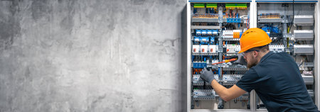 Electrician working in switchboard with electrical connection cable, copy space.