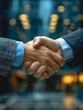 Business people shaking hands on a blurred building background, close-up.の素材
