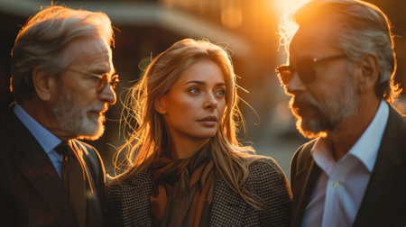 Business rich people communicate outside at sunset.の素材