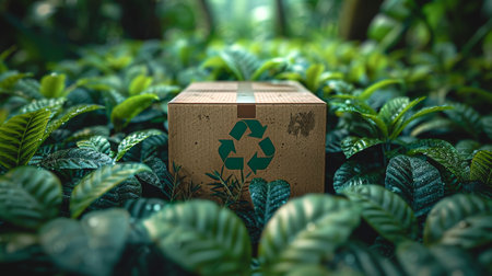 Cardboard box with a recycling sign on a forest background.の素材