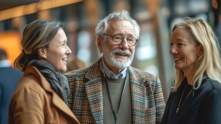 Senior business people communicating outside on a blurred background.の素材