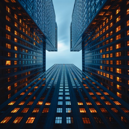 Bottom view of modern skyscrapers in business district.の素材