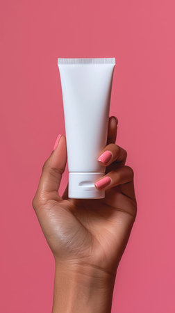 White tube of cream in a female hand on a pink background.の素材