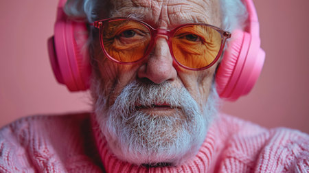 An elderly man with a beard listens to music on headphones and wears sunglasses.の素材
