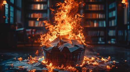 Burning books in a basket in the library interior.の素材
