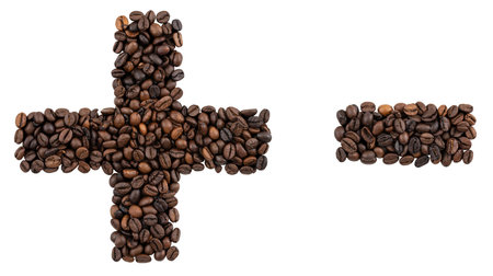 Symbol plus and minus made from coffee beans on isolated white background.の写真素材
