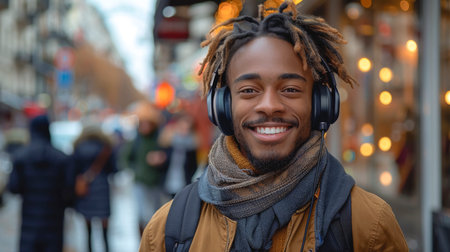 Street portrait of an African guy wearing headphones.の素材