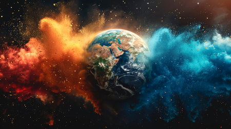 A stunning painting of the world with water and fire elements emerging from it.の素材