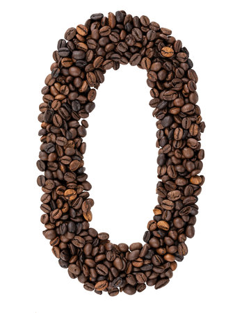 Number 0 made from roasted coffee beans on white isolated background.の写真素材