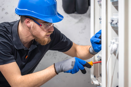 A male electrician works in a switchboard with an electrical connecting cable.の写真素材