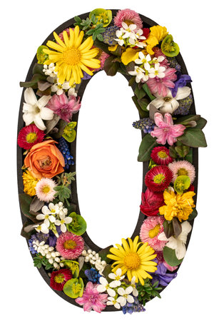 Number 0 made of real natural flowers and leaves on transparent background.の写真素材