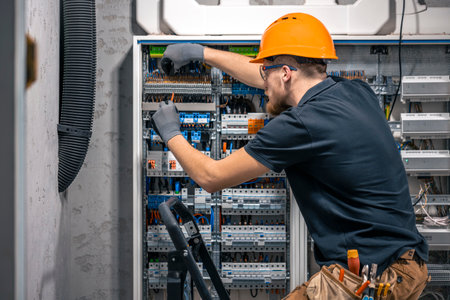 Male electrician working in a switchboard with fuses.の写真素材