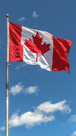 Flag of Canada in front of blue sky. Close up waving flag of Canada.の素材