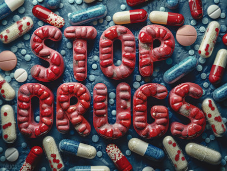 Blue and red pills make the inscription of the Stop drugs.の素材