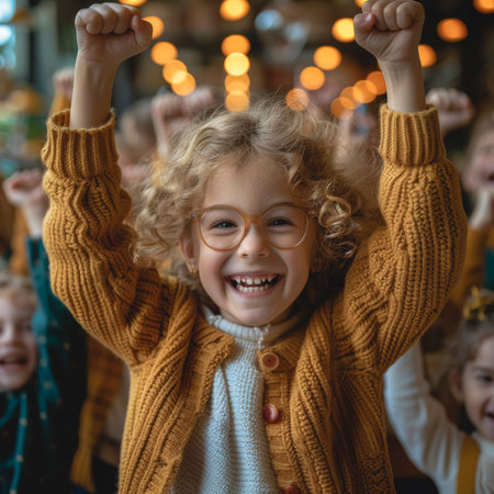 Little girl at school rejoices, holds her hands in fists, victory concept.の素材
