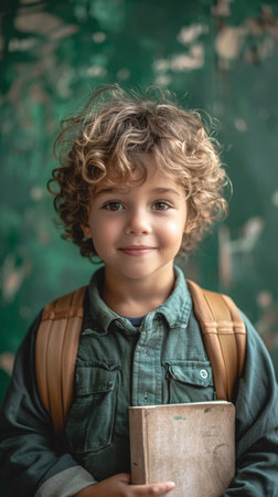 Attractive curly little boy with a book in a school class.の素材
