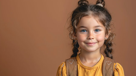 Portrait of a little Spanish girl with a backpack on a brown background.の素材