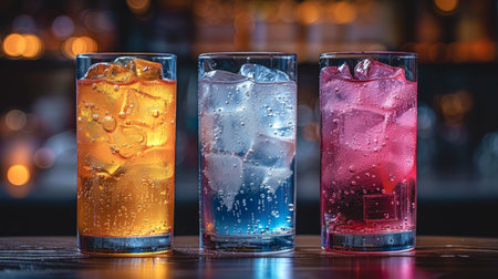 Three glasses with colored refreshing summer drinks.の素材