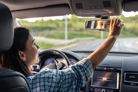 Attractive young woman driving a car, view from inside.