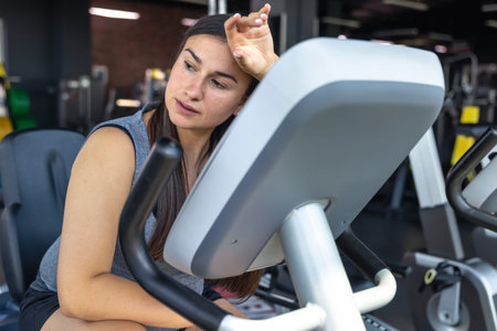 Tired woman in the gym. Tired woman after training in the gym.