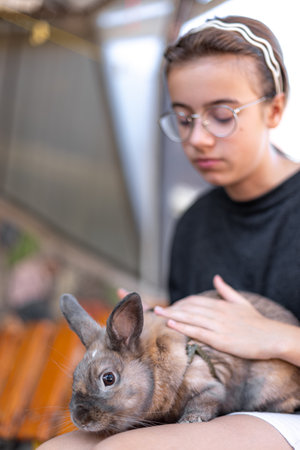 A girl plays with a domestic rabbit on the street. Pet concept.の写真素材