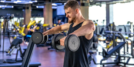 Athlete swings triceps with dumbbells in the gym. Healthy sports lifestyle.の写真素材