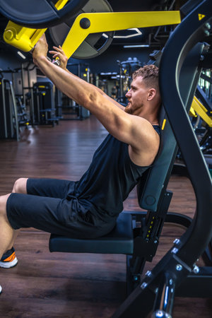 An athlete in the gym swings triceps with a barbell. Sports lifestyle.の写真素材